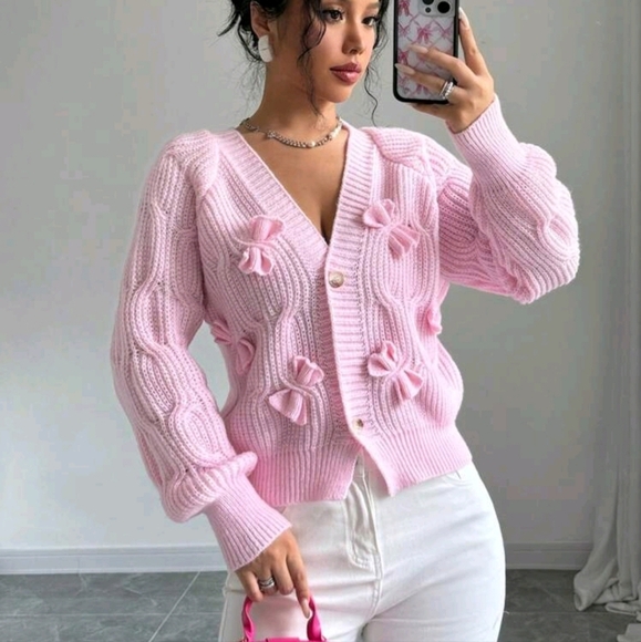 Sweaters - Women's Solid Color Bow Decor Raglan Sleeve Casual Cardigan, Autumn